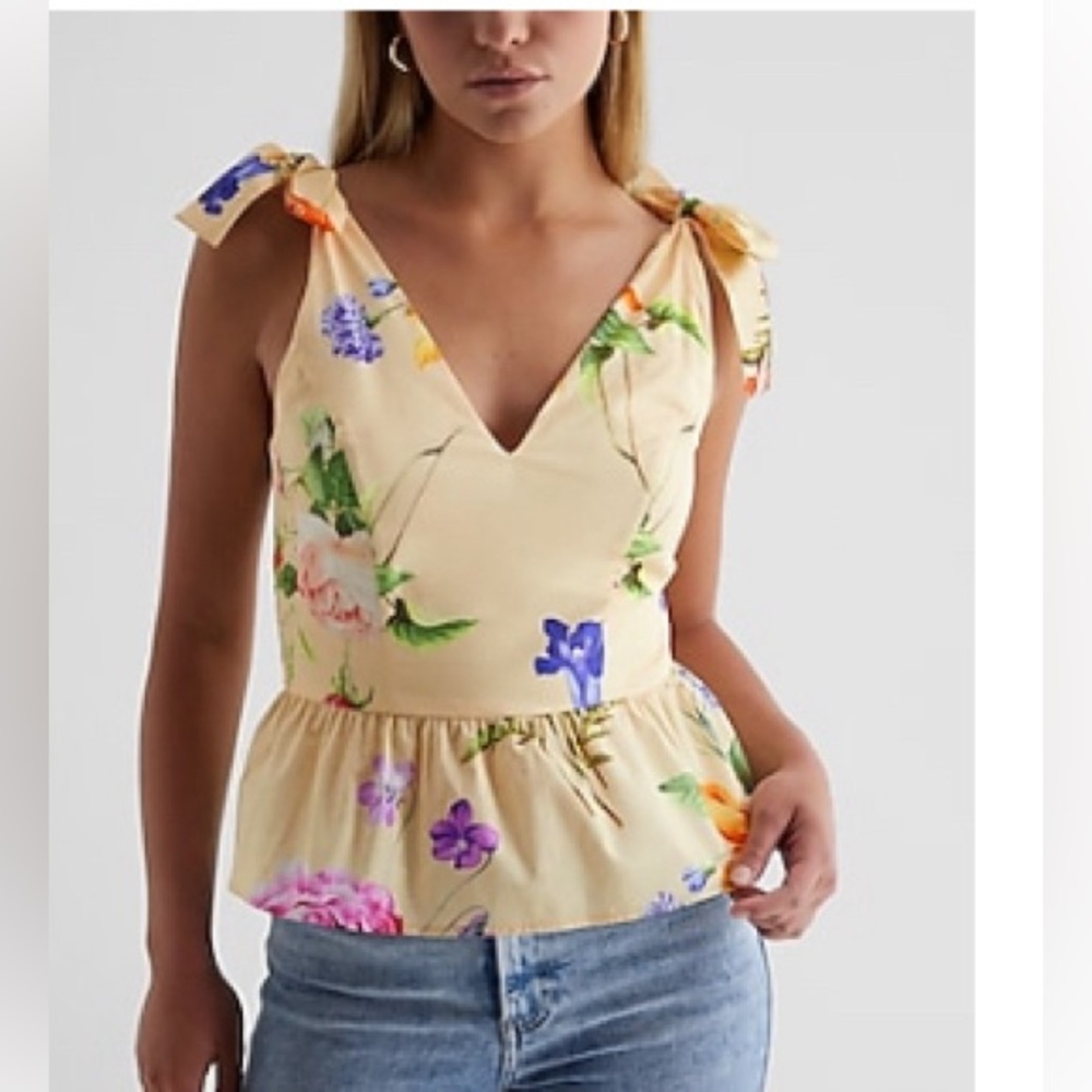 Express Yellow Floral Tie-Shoulder Peplum Top
